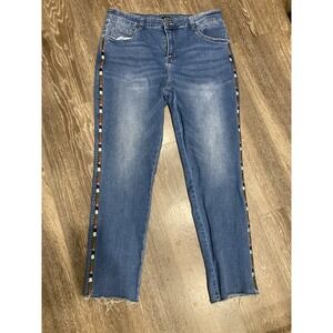 Coco + Carmen XL Women's Skinny Jeans Side Stripe Embroidered Raw Hem 27x32 Blue